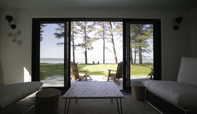 Waterfront, Private Beach, Mid Century Style in White Stone